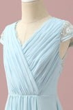 Light Blue A-Line V Neck Floor Length Chiffon Junior Bridesmaid Dress