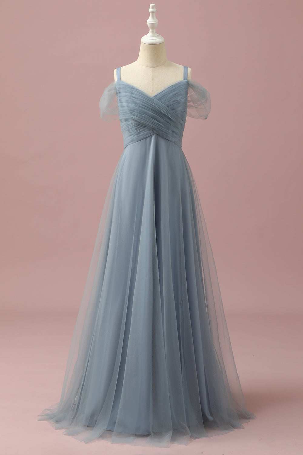 Grey Blue A Line Cold Shoulder Floor Length Tulle Junior Bridesmaid Dress
