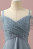 Grey Blue A Line Cold Shoulder Floor Length Tulle Junior Bridesmaid Dress