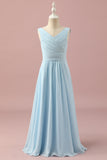 Sky Blue A Line V-Neck Floor Length Chiffon Junior Bridesmaid Dress