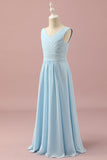 Sky Blue A Line V-Neck Floor Length Chiffon Junior Bridesmaid Dress