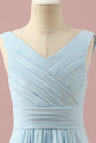 Sky Blue A Line V-Neck Floor Length Chiffon Junior Bridesmaid Dress