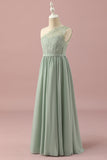 Dusty Sage A Line One Shoulder Lace and Chiffon Junior Bridesmaid Dress