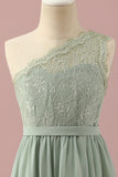 Dusty Sage A Line One Shoulder Lace and Chiffon Junior Bridesmaid Dress