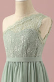 Dusty Sage A Line One Shoulder Lace and Chiffon Junior Bridesmaid Dress