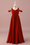 Red A Line Cold Shoulder Floor Length Chiffon Junior Bridesmaid Dress