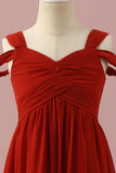 Red A Line Cold Shoulder Floor Length Chiffon Junior Bridesmaid Dress