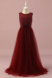 Burgundy A-Line V Neck Floor Length Chiffon Junior Bridesmaid Dress