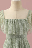 Green High Low Square Neck Asymmetrical Lace Junior Bridesmaid Dress