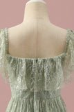 Green High Low Square Neck Asymmetrical Lace Junior Bridesmaid Dress