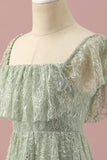 Green High Low Square Neck Asymmetrical Lace Junior Bridesmaid Dress
