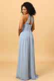 Dusty Blue Sheath Halter Open Back Long Chiffon Bridesmaid Dress