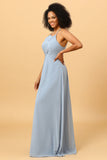 Dusty Blue Sheath Halter Open Back Long Chiffon Bridesmaid Dress