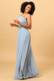 Dusty Blue Sheath Halter Open Back Long Chiffon Bridesmaid Dress