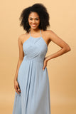 Dusty Blue Sheath Halter Open Back Long Chiffon Bridesmaid Dress