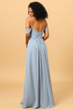Dusty Blue A Line Off the Shoulder Chiffon Bridesmaid Dress with Slit