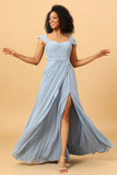 Dusty Blue A Line Off the Shoulder Chiffon Bridesmaid Dress with Slit