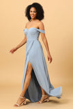 Dusty Blue A Line Off the Shoulder Chiffon Bridesmaid Dress with Slit