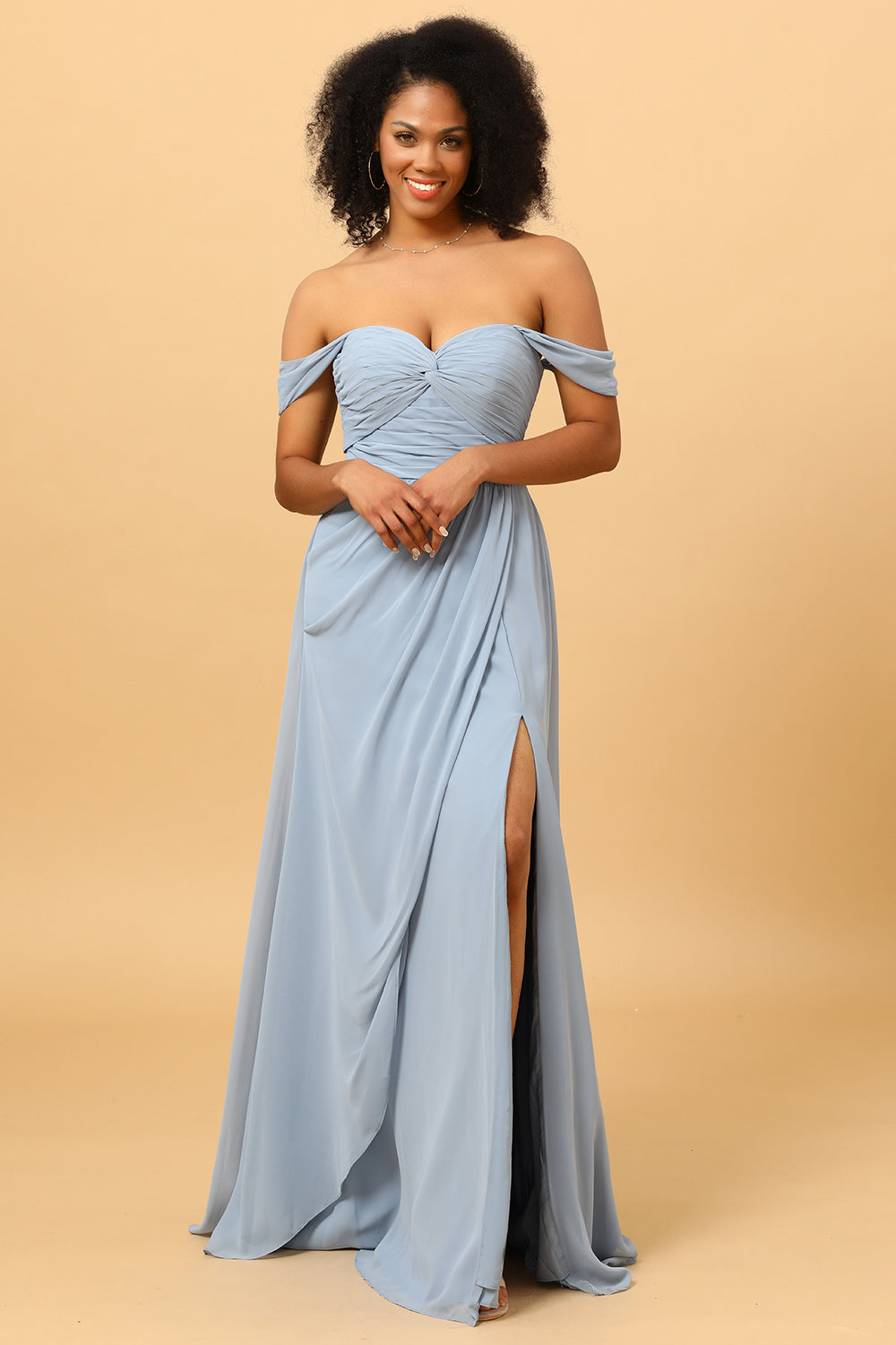 Wedtrend Women Bridesmaids Dusty Blue A Line Off The Shoulder Long Ruched Chiffon Bridesmaid Dress with Slit, Dusty Blue / US6 Wedtrend Women Bridesmaids Dusty Blue A Line Off The Shoulder Long Ruched Chiffon Bridesmaid Dress with Slit, Dusty Blue / US6