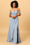 Dusty Blue A Line Off the Shoulder Chiffon Bridesmaid Dress with Slit