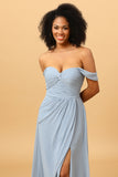 Dusty Blue A Line Off the Shoulder Chiffon Bridesmaid Dress with Slit