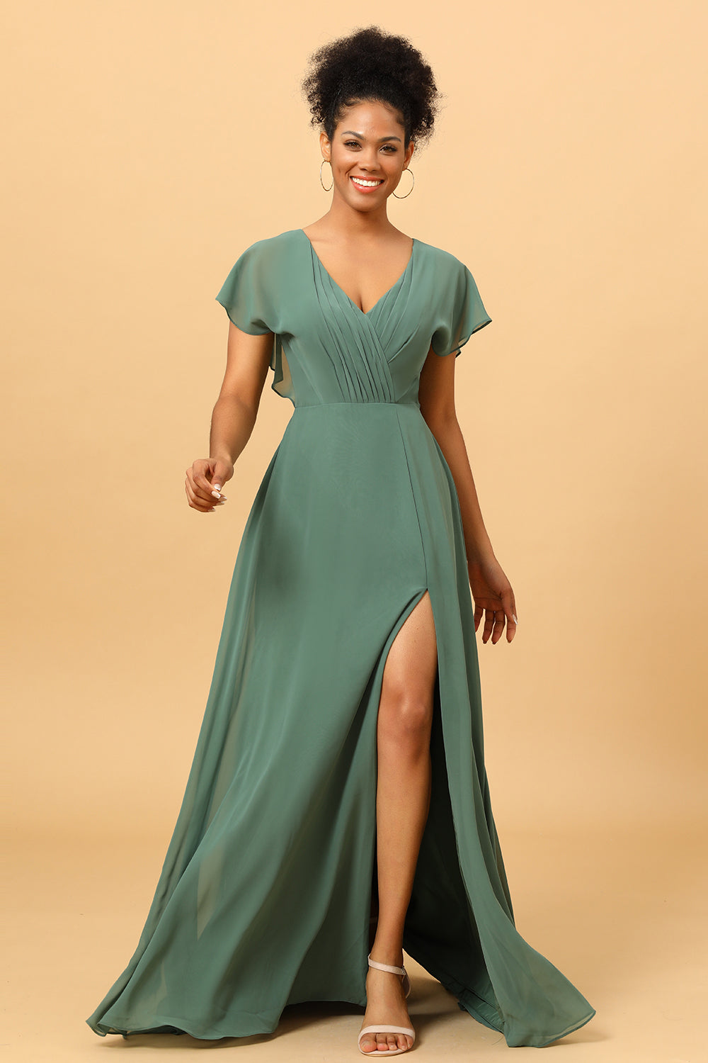 Wedtrend Women Eucalyptus V-Neck Ruched Open Back Long Chiffon Bridesmaid Dress with Slit WEDTREND Wedtrend Women Eucalyptus V-Neck Ruched Open Back Long Chiffon Bridesmaid Dress with Slit WEDTREND