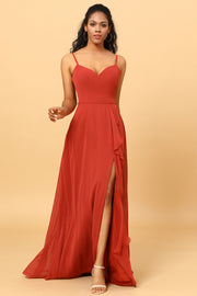 Terracotta A Line Sweetheart Long Chiffon Bridesmaid Dress With Ruffle