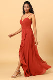 Terracotta A Line Sweetheart Long Chiffon Bridesmaid Dress With Ruffle