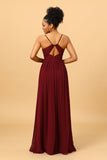 Burgundy A-Line Spaghetti Straps Ruched Long Chiffon Bridesmaid Dress with Slit