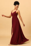 Burgundy A-Line Spaghetti Straps Ruched Long Chiffon Bridesmaid Dress with Slit