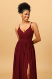 Burgundy A-Line Spaghetti Straps Ruched Long Chiffon Bridesmaid Dress with Slit