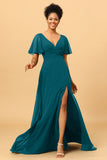 A Line V-Neck Long Chiffon Bridesmaid Dress with Slit