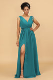 A Line Ruched V-Neck Sleeveless Chiffon Bridesmaid Dress with Slit