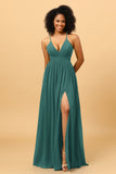 A Line V Neck Spaghetti Straps Chiffon Bridesmaid Dress with Slit