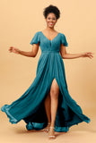 A-Line V Neck Ruched Long Chiffon Bridesmaid Dress with Slit