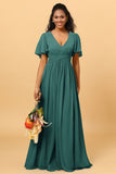 A Line V Neck Short Sleeves Chiffon Long Bridesmaid Dress