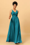 A Line V-Neck Long Chiffon Bridesmaid Dress with Lace