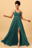 A Line Spaghetti Straps Ruched Chiffon Long Bridesmaid Dress with Slit