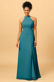 Sheath Halter Floor Length Open Back Chiffon Bridesmaid Dress with Slit