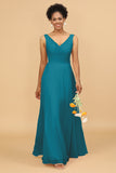 A Line V Neck Backless Chiffon Long Bridesmaid Dress