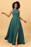 A Line High Neck Pleated Long Chiffon Bridesmaid Dress with Ruffles