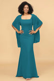 Mermaid Square Neck Long Chiffon Bridesmaid Dress with Cape