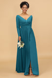 A Line V-Neck Long Sleeves Chiffon Bridesmaid Dress with Slit