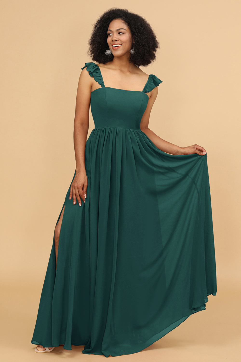 A-Line Floor Length Chiffon Bridesmaid Dress With Ruffles, Pine