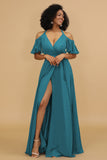 A Line Halter Cold Shoulder Chiffon Bridesmaid Dress with Slit