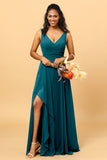 A Line V Neck Floor Length Chiffon Bridesmaid Dress With Slit