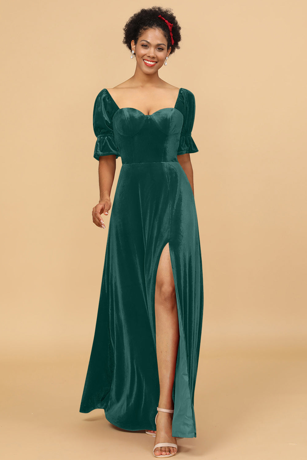 Wedtrend Women Bridesmaid Dress A Line Sweetheart Flare Sleeves Velvet Wedding Party Formal Evening Dress with Slit, Peacock