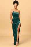 Mermaid One Shoulder Long Velvet Bridesmaid Dress with Slit