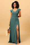 A Line V Neck Strapless Long Chiffon Bridesmaid Dress With Slit