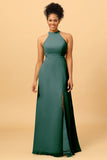 Sheath Halter Floor Length Open Back Chiffon Bridesmaid Dress with Slit